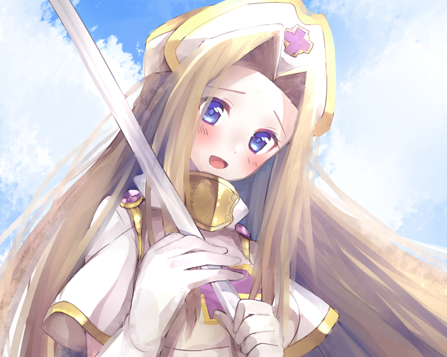 1girl blonde_hair blue_eyes blue_sky capelet character_request clouds commentary_request copyright_request cross_print gloves hat holding holding_staff light_blush long_hair nurse_cap open_mouth parted_bangs sky smile solo staff straight_hair sunlight upper_body usamata white_capelet white_gloves white_hat