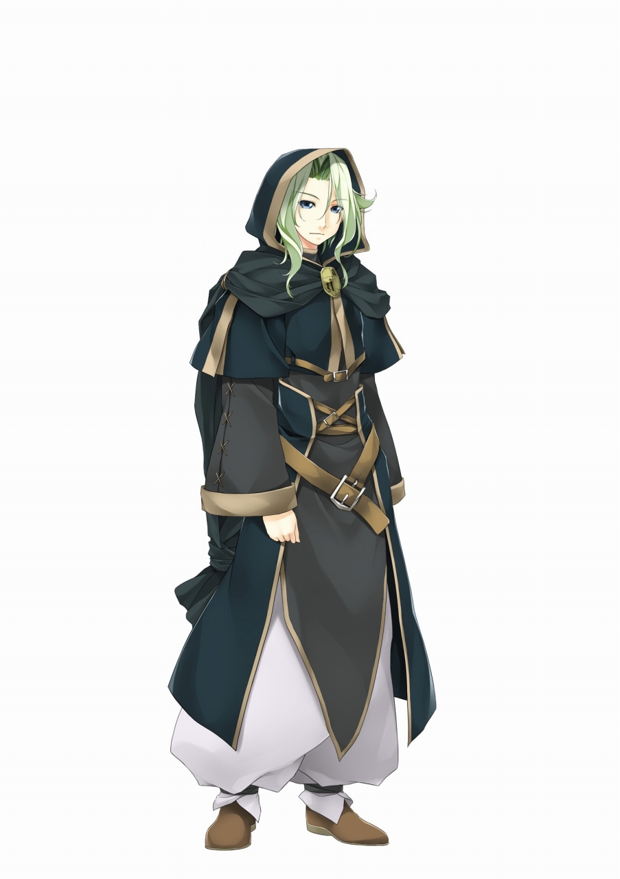 1boy atelier-moo belt blue_eyes closed_mouth curtained_hair full_body green_hair hair_between_eyes highres hood hooded_jacket jacket long_sleeves looking_at_viewer merak_yildis shoes simple_background solo standing wavy_hair white_background wizards_symphony