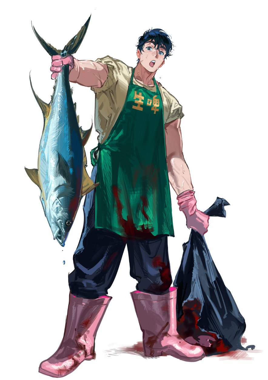 1boy animal apron arm_up atie1225 bag black_hair blue_pants boots fish full_body gloves green_apron highres holding holding_animal holding_fish looking_at_viewer loose_pants male_focus open_mouth original pants pink_footwear plastic_bag rubber_boots rubber_gloves shirt standing thick_eyebrows yellow_shirt