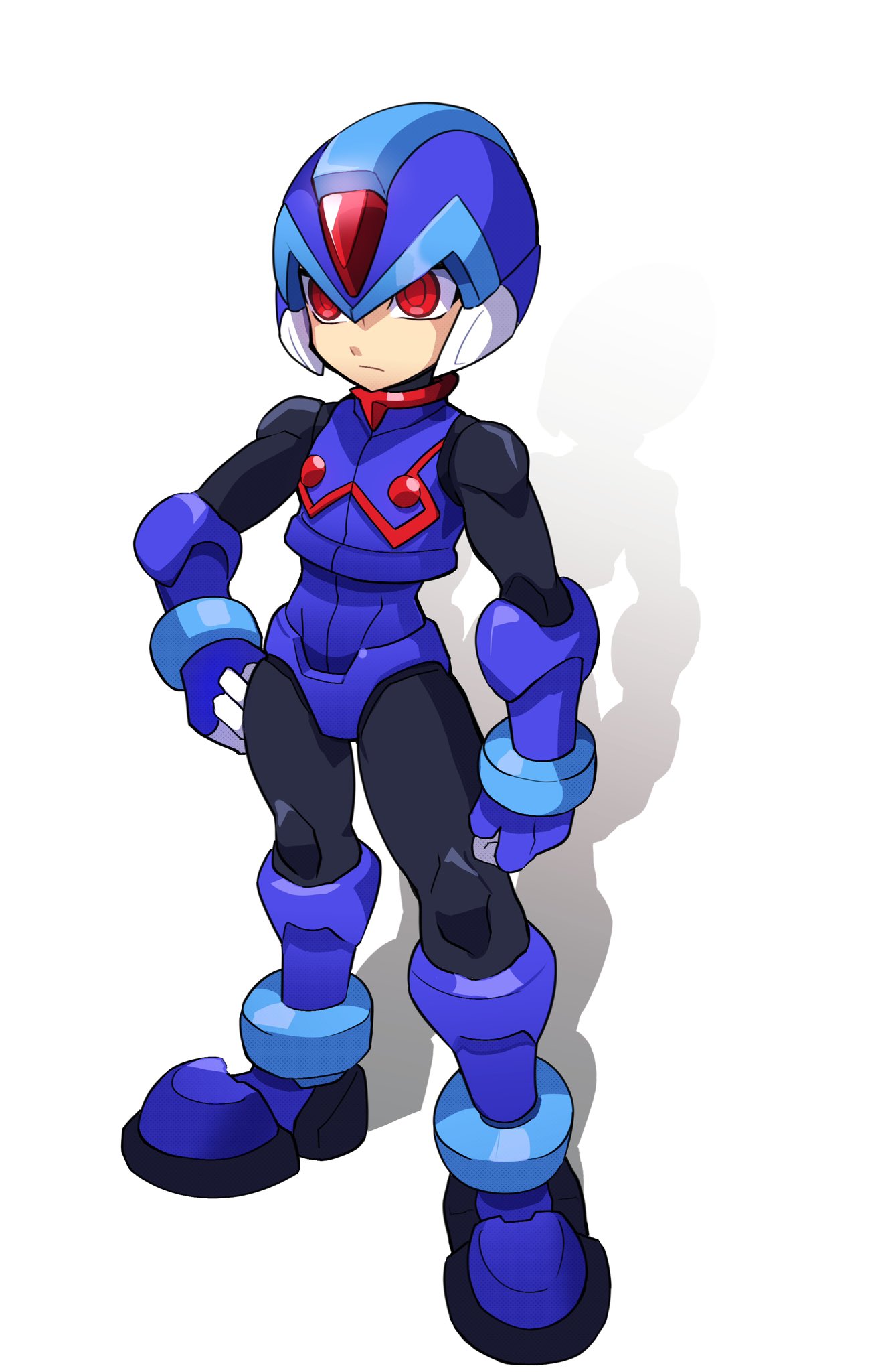 1boy armor blue_armor blue_footwear blue_helmet boots copy_x_(mega_man) forehead_jewel highres mega_man_(series) mega_man_zero_(series) omeehayo red_eyes shadow simple_background solo standing white_background