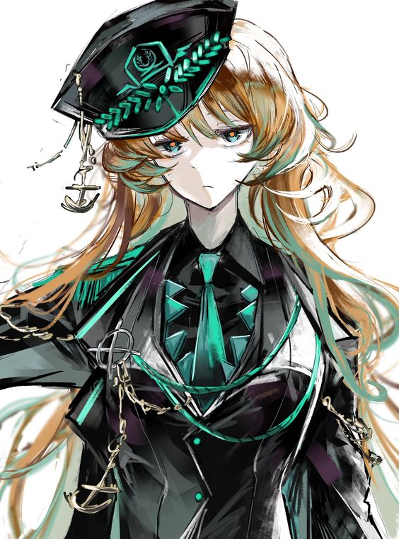 1girl aiguillette anchor bad_id bad_twitter_id black_coat black_hat black_shirt black_vest coat collared_shirt dot_nose e.g.o_(project_moon) frown green_eyes green_hair green_necktie hat ishmael_(project_moon) limbus_company long_hair military_hat military_uniform multicolored_hair necktie ninth_ahe orange_hair project_moon shirt simple_background solo streaked_hair uniform very_long_hair vest white_background