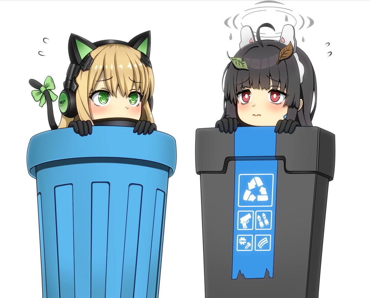 2girls animal_ear_headphones animal_ears arrow_(symbol) black_gloves black_hair blue_archive blunt_bangs cat_ear_headphones cat_tail commentary_request crossover fake_animal_ears fake_tail flying_sweatdrops girls_frontline gloves green_eyes hair_between_eyes hairband halo headphones in_trash_can leaf leaf_on_head light_brown_hair long_hair looking_at_another miyu_(blue_archive) multiple_girls ouga_(user_ctzw2237) peeking_out rabbit_ears recycle_bin recycling_symbol red_eyes sidelocks simple_background tail tmp_(girls'_frontline) trash_can white_background