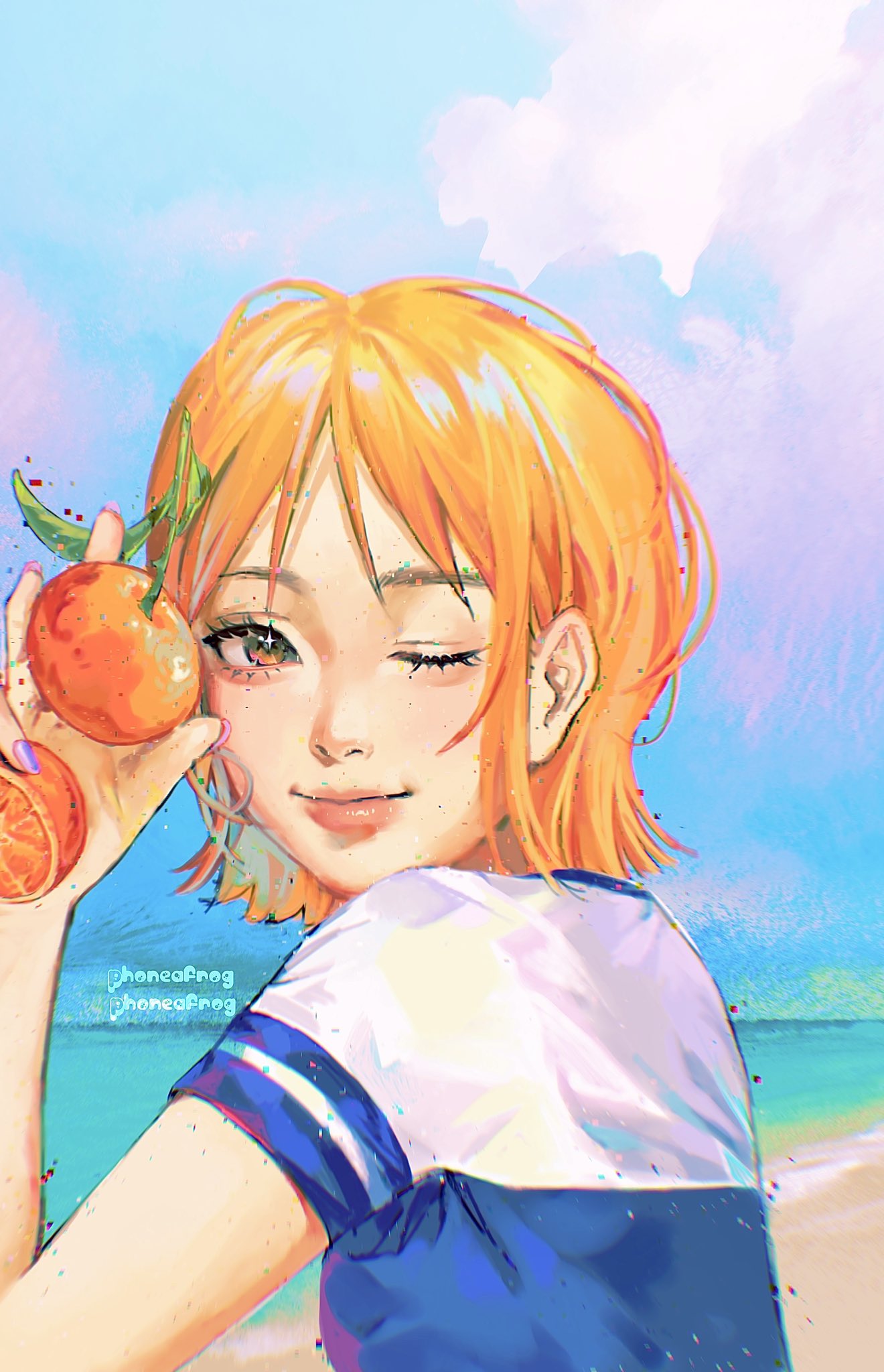 1girl artist_name closed_mouth clouds cloudy_sky commentary english_commentary food fruit highres holding holding_food holding_fruit mandarin_orange nami_(one_piece) one_eye_closed one_piece orange_eyes orange_hair outdoors phoneafrog shirt short_hair short_sleeves sky smile solo