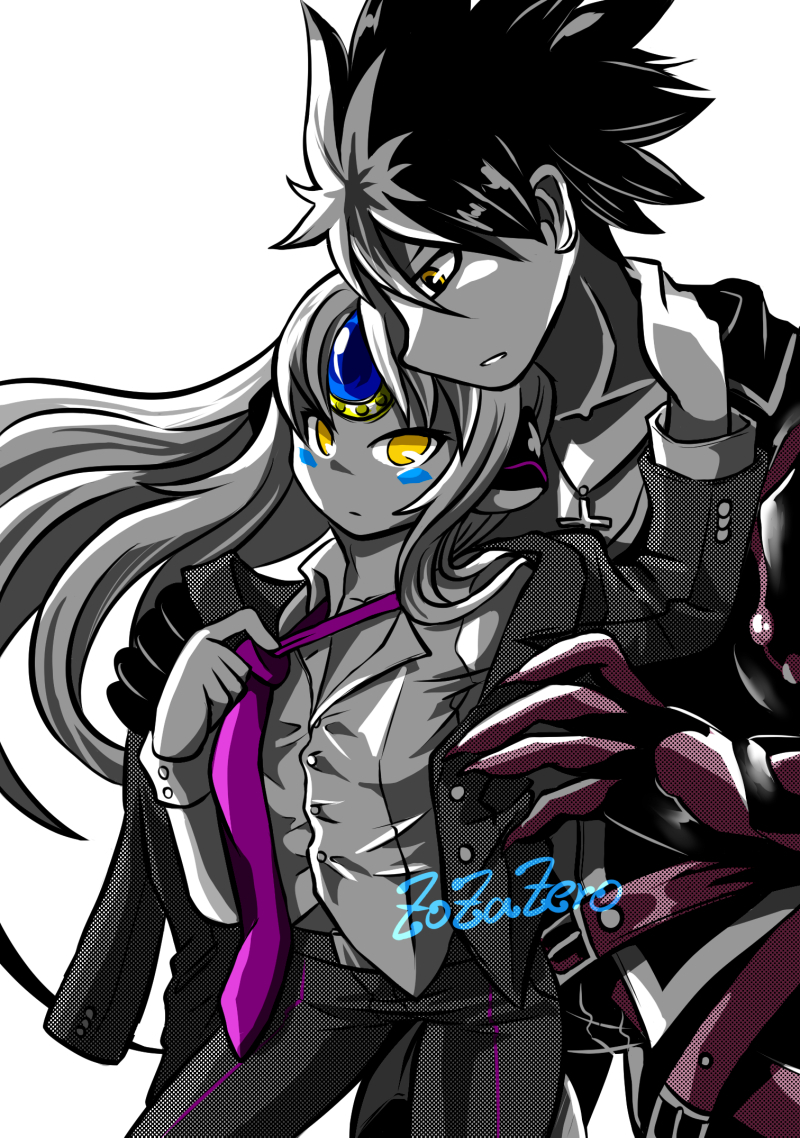 1boy 1girl black_hair code:_nemesis_(elsword) couple cross cross_necklace elsword eve_(elsword) expressionless face-to-face facial_mark forehead_jewel formal grey_hair hug jacket jewelry long_hair mechanical_arms mechanical_ears multicolored_hair necklace necktie raven_cronwell reckless_fist_(elsword) robot_ears shirt signature single_mechanical_arm spiky_hair two-tone_hair white_background white_hair yellow_eyes zoza