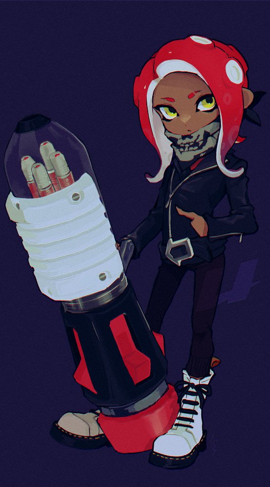 1girl ballpoint_splatling_(splatoon) bandana belt black_bandana black_belt black_jacket black_pants blue_background boots closed_mouth commentary dark-skinned_female dark_skin dot_nose eyebrow_cut film_grain full_body gradient_hair hand_in_pocket holding holding_weapon imaikuy0 jacket long_hair looking_to_the_side multicolored_hair octoling_girl octoling_player_character pants partially_unzipped purple_hair redhead skull_print solo splatoon_(series) standing suction_cups symbol-only_commentary tentacle_hair two-tone_hair weapon white_footwear yellow_eyes zipper zipper_pull_tab