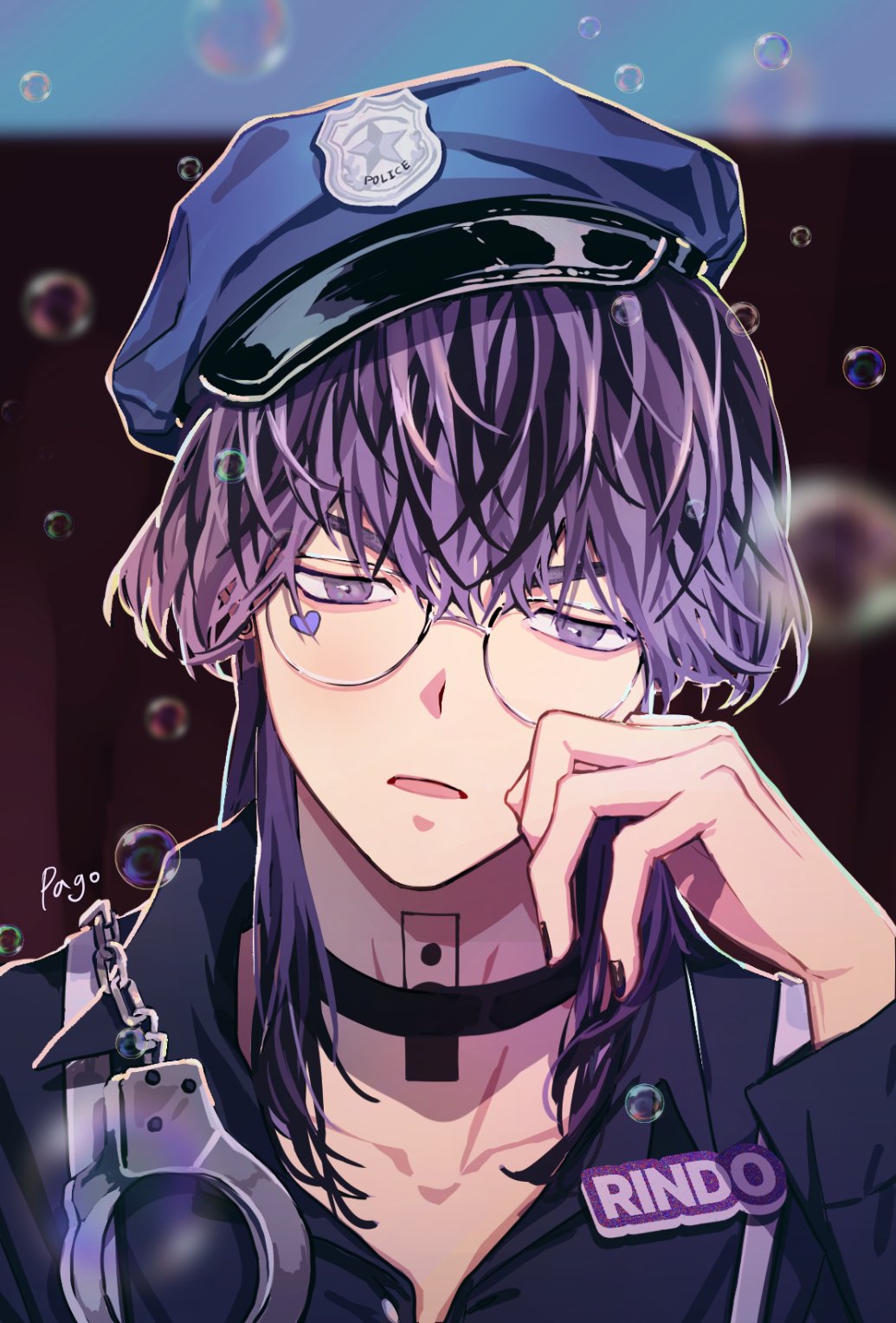 1boy black_choker bubble choker cuffs glasses haitani_rindou hand_up handcuffs hat highres idol looking_at_viewer male_focus multicolored_hair name_tag neck_tattoo pago0024 police police_hat police_uniform purple_hair sticker_on_face tattoo tokyo_revengers two-tone_hair uniform violet_eyes wolf_cut
