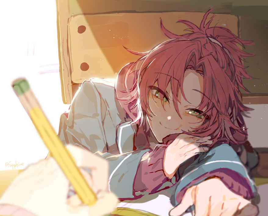 1boy blush closed_mouth drawer ensemble_stars! green_eyes happy high_ponytail indoors isara_mao looking_at_viewer parted_bangs pink_hair pov pov_hands sapphire_(nine) smile solo
