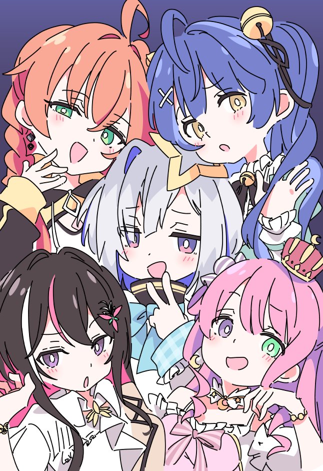 5girls :d :o ahoge amamiya_kokoro amamiya_kokoro_(1st_costume) amane_kanata amane_kanata_(1st_costume) ascot asymmetrical_bangs asymmetrical_hair azki_(4th_costume)_(hololive) azki_(hololive) bell black_jacket blue_bow blue_bowtie blue_dress blue_hair blush bob_cut bow bowtie bracelet braid candy_hair_ornament collared_dress colored_inner_hair crescent crescent_earrings crescent_necklace cropped_jacket crown detached_collar dot_nose double-parted_bangs dress earrings flower food-themed_hair_ornament frills green_eyes grey_hair grey_jacket hair_bell hair_flower hair_intakes hair_ornament hairclip halo heterochromia himemori_luna himemori_luna_(1st_costume) hololive hood hooded_jacket ixy jacket jewelry long_bangs long_hair long_sleeves mini_crown multicolored_hair multiple_girls neck_bell necklace nijisanji off-shoulder_dress off_shoulder one_side_up open_mouth orange_hair pink_dress pink_hair puffy_short_sleeves puffy_sleeves purple_background shishido_akari shishido_akari_(1st_costume) short_hair short_sleeves sidelocks simple_background single_hair_intake single_hair_ring sleeve_cuffs sleeves_past_wrists smile star_halo streaked_hair tank_top turtleneck twin_braids v very_long_hair violet_eyes virtual_youtuber wavy_hair white_ascot white_dress white_hair yellow_eyes