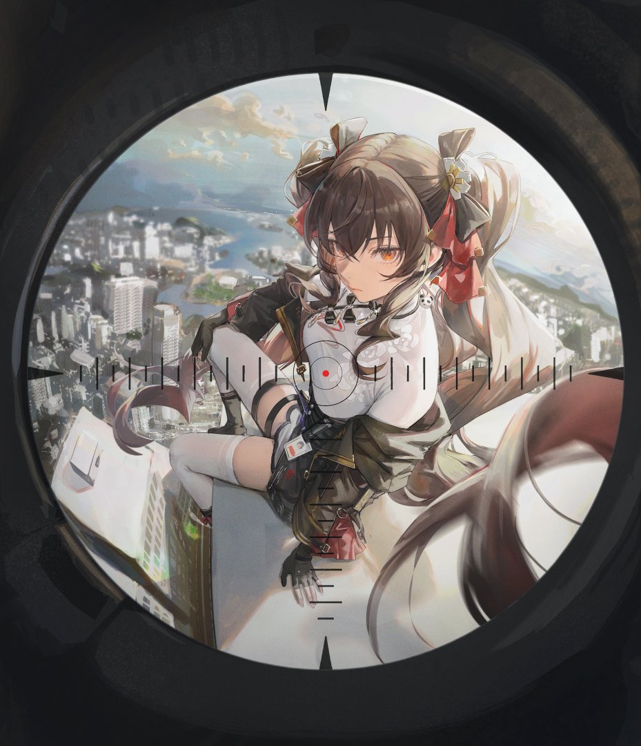 1girl breasts brown_hair building closed_mouth crossed_bangs crosshair douya_(233) fingerless_gloves girls'_frontline_neural_cloud girls_frontline gloves hair_ribbon id_card jiangyu_(neural_cloud) large_breasts long_hair looking_at_viewer looking_through_scope off_shoulder orange_eyes red_ribbon ribbon sitting solo thigh-highs twintails white_thighhighs