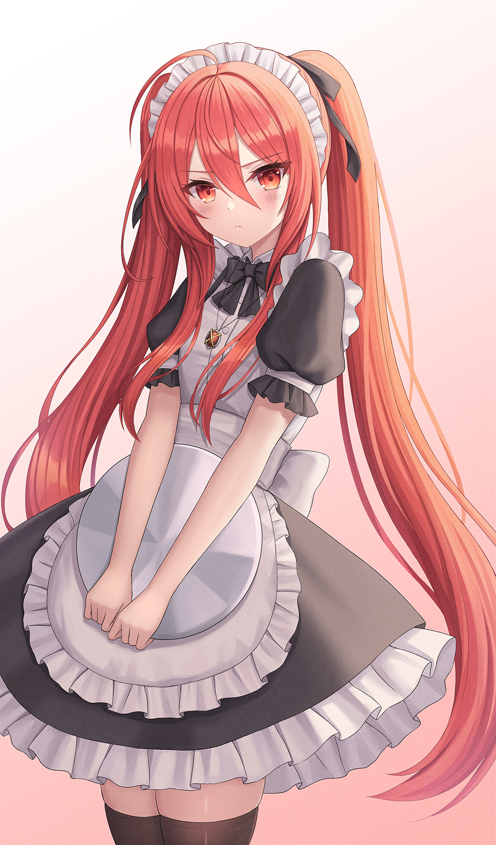 1girl alternate_costume apron back_bow black_bow black_bowtie black_dress black_thighhighs bow bowtie closed_mouth dress enmaided gradient_background hair_between_eyes highres long_hair maid maid_apron maid_headdress red_eyes redhead seungju_lee shakugan_no_shana shana short_sleeves sidelocks simple_background solo standing thigh-highs twintails white_bow zettai_ryouiki