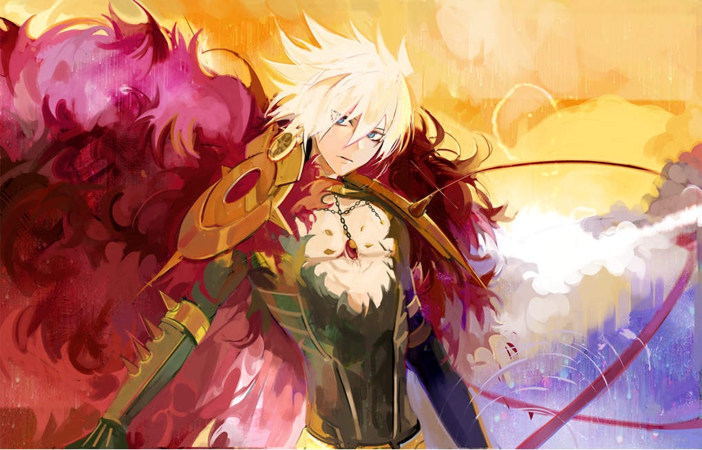 1boy armor bishounen blue_eyes bosack chest_jewel collar colored_skin earrings eyeshadow fate/apocrypha fate/grand_order fate_(series) hair_between_eyes jewelry karna_(fate) looking_at_viewer makeup male_focus orange_sky pale_skin pectorals red_eyeshadow short_hair sky solo spiked_collar spikes upper_body weapon white_hair white_skin