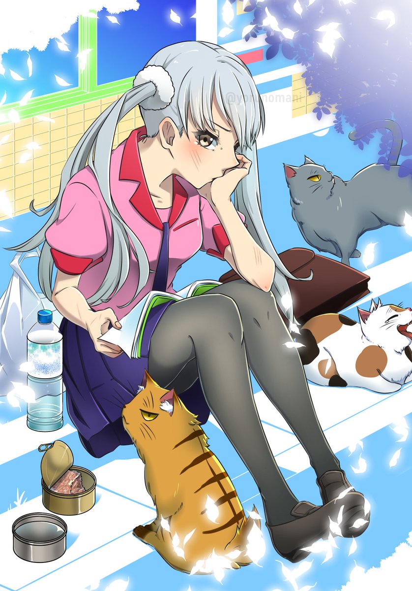 1girl artist_name bag black_cat black_pantyhose blush book bottle breasts briefcase brown_bag brown_eyes brown_footwear calico can cat collared_shirt commentary dress_shirt elbow_blush elbow_on_knee elbow_rest eyelashes falling_leaves from_above from_side grey_hair hand_on_own_face head_rest highres holding holding_book knees_up leaf loafers long_hair looking_at_viewer looking_to_the_side looking_up monogatari_(series) naoetsu_high_school_uniform necktie oikura_sodachi on_ground open_book open_can orange_cat outdoors owarimonogatari pantyhose pet_food pink_shirt plastic_bag pleated_skirt puffy_short_sleeves puffy_sleeves purple_necktie purple_skirt reading school_briefcase school_uniform scrunchie shirt shoes short_sleeves sidewalk sitting skirt small_breasts solo street_gutter summer_uniform tabby_cat tile_wall tiles too_many too_many_cats tree twintails twitter_username water_bottle watermark white_scrunchie window yawning yoruno_mani