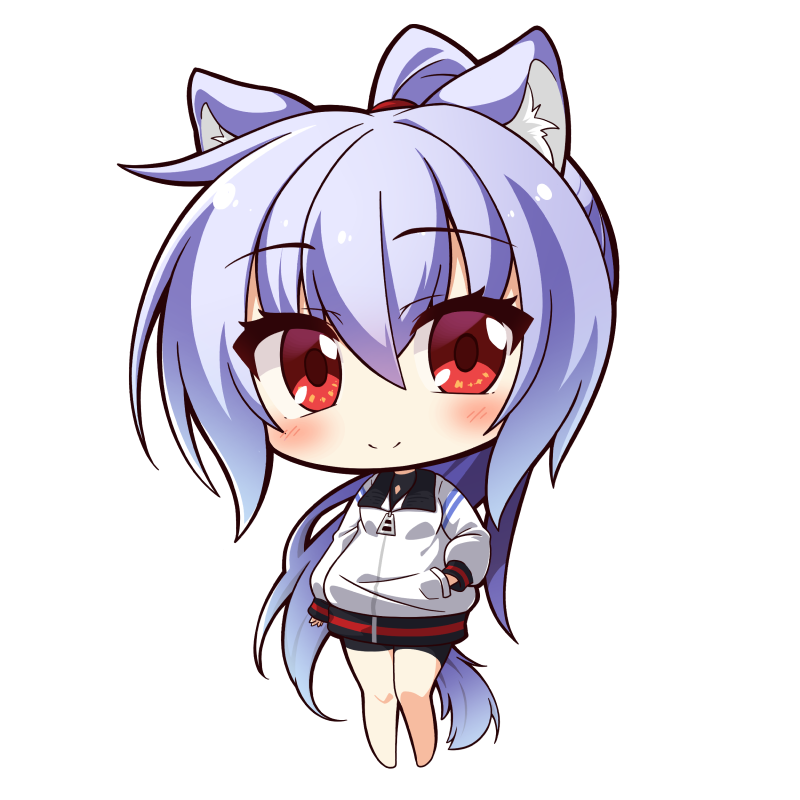 1girl animal_ear_fluff animal_ears barefoot black_shorts blue_hair chibi commentary_request full_body hair_between_eyes hand_in_pocket jacket long_hair long_sleeves original ponytail puffy_long_sleeves puffy_sleeves red_eyes shachoo. short_shorts shorts simple_background solo standing tail very_long_hair white_background white_jacket wolf_ears wolf_girl wolf_tail