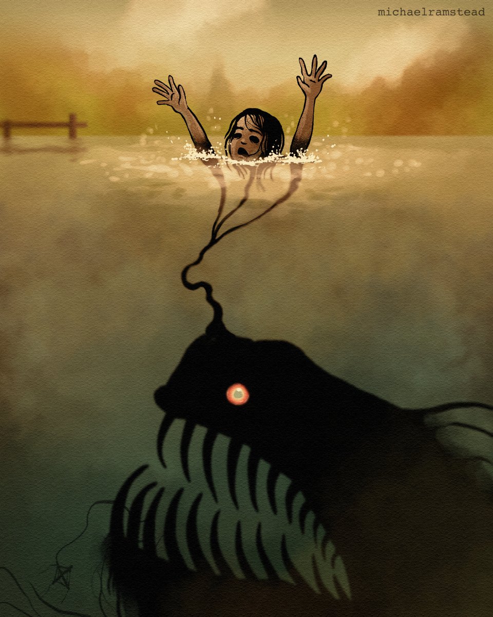1girl anglerfish antennae arms_up artist_name black_hair brown_sky clouds commentary english_commentary fish glowing glowing_eyes highres hollow_eyes horizon horror_(theme) michaelramstead open_mouth original partially_underwater_shot sharp_teeth teeth twitter_username water