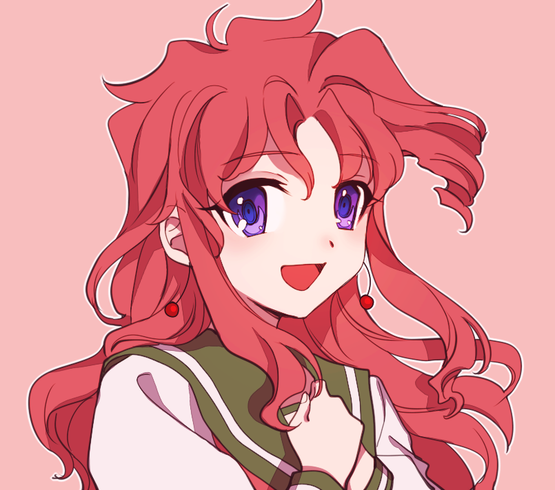 1girl cherry_earrings commentary_request earrings food-themed_earrings genderswap genderswap_(mtf) green_sailor_collar hands_on_own_chest jewelry jojo_no_kimyou_na_bouken kakyoin_noriaki long_hair open_mouth outline pink_background portrait redhead sailor_collar school_uniform sempon_(doppio_note) serafuku smile solo stardust_crusaders violet_eyes wavy_hair