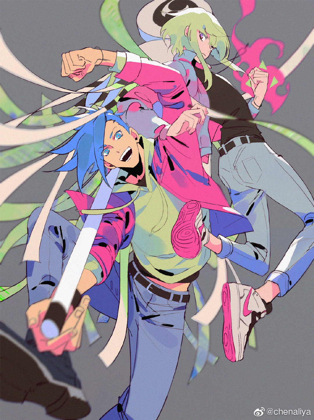 2boys belt blue_eyes blue_hair casual chenalii chinese_commentary clenched_hand commentary_request denim fire fist_pump galo_thymos highres hood hoodie jacket jeans lio_fotia locked_arms looking_at_viewer male_focus matoi multiple_boys open_mouth pants promare shoes short_hair smile sneakers spiky_hair violet_eyes watermark weibo_logo weibo_username