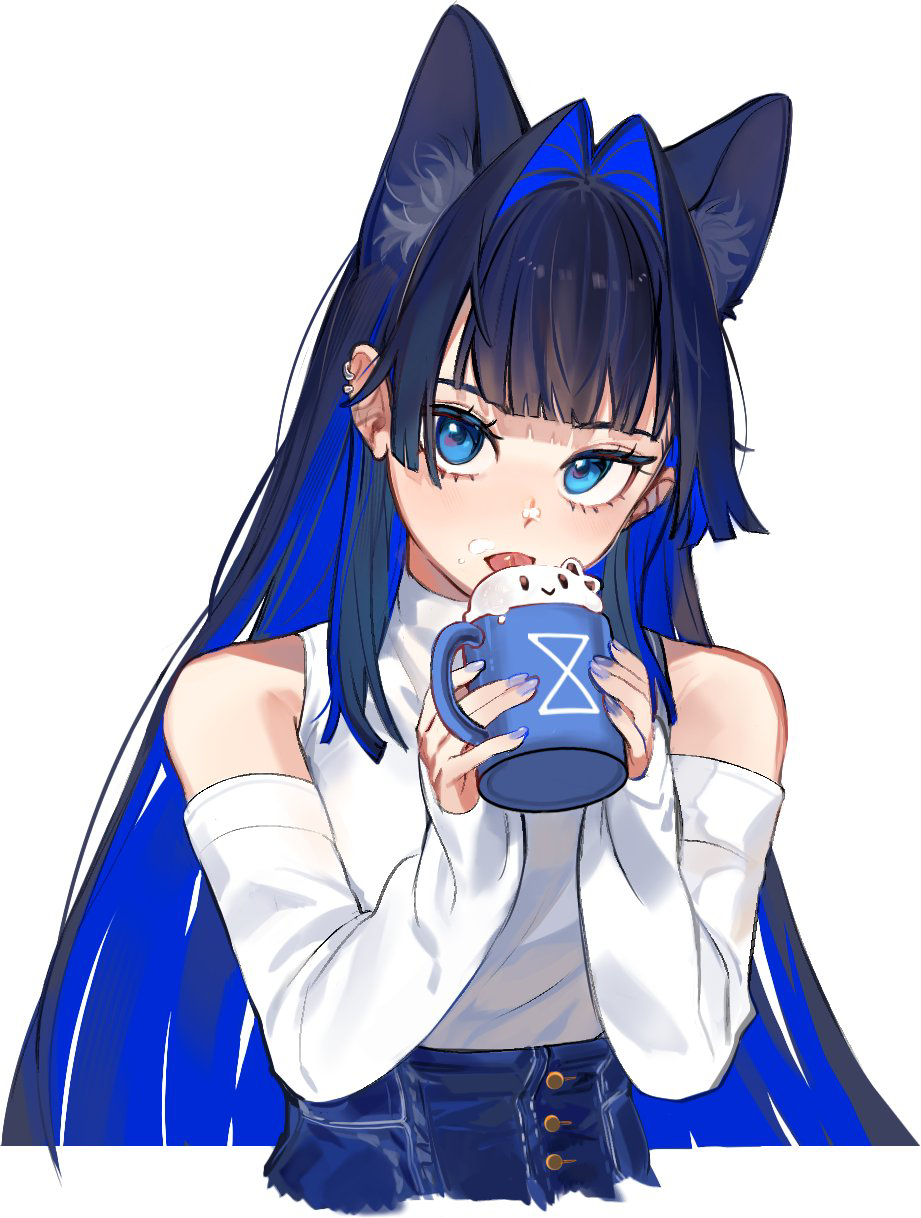 1girl animal_ears bare_shoulders blue_eyes blue_hair blue_nails blue_pants blunt_bangs blush cat_ears colored_inner_hair cup denim detached_sleeves ear_piercing eus_ing fingernails foam hair_intakes high-waist_pants highres holding holding_cup hololive hololive_english jeans jewelry long_hair long_sleeves multicolored_hair nail_polish official_alternate_costume ouro_kronii ouro_kronii_(casual) pants piercing shirt simple_background solo tongue very_long_hair virtual_youtuber white_background white_shirt