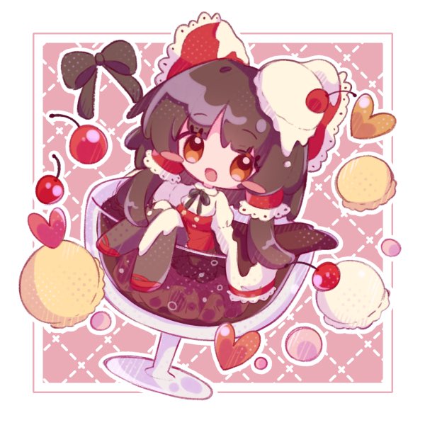1girl ascot black_hair bow cake cherry chibi cup cupping_glass detached_sleeves food frilled_bow frilled_hair_tubes frills fruit gohei hair_bow hair_tubes hakurei_reimu hat heart inukkomaru open_mouth red_bow red_skirt ribbon-trimmed_sleeves ribbon_trim skirt skirt_set solo touhou witch_hat yellow_ascot yellow_eyes