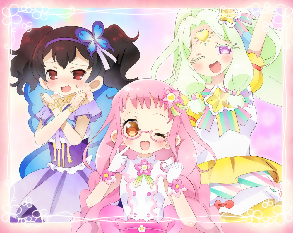 3girls ;d arm_up blue_wings brown_hair butterfly_hair_ornament commentary_request cosplay crossed_arms dress finger_to_cheek flower forehead_jewel gloves green_hair hair_ornament hairband idol_clothes idol_time_pripara index_finger_raised jewlie_(pripara) jigoku_mimiko junon_(pripara) junon_(pripara)_(cosplay) kanon_(pripara) kanon_(pripara)_(cosplay) kiki_ajimi long_hair looking_at_viewer multiple_girls nohoshio one_eye_closed open_mouth pink_flower pink_hair pinon_(pripara) pinon_(pripara)_(cosplay) pretty_series pripara puffy_short_sleeves puffy_sleeves purple_dress purple_hairband red_eyes shirt short_sleeves smile standing star_(symbol) sweatdrop twintails very_long_hair violet_eyes white_gloves white_shirt wings