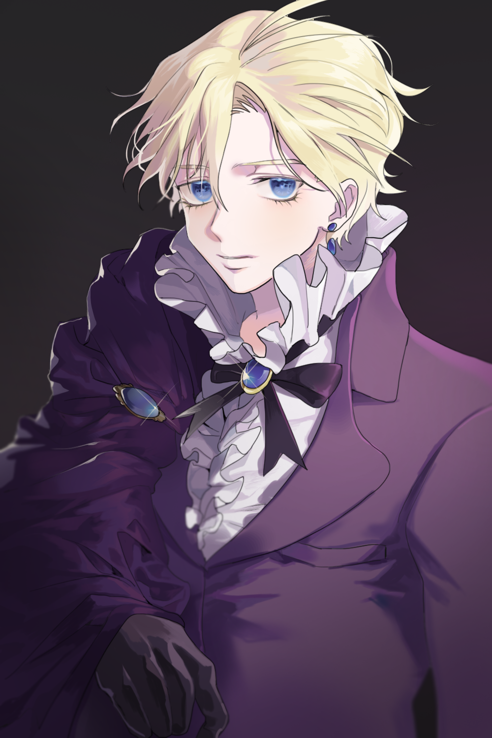 1boy black_background black_cape black_gloves black_ribbon blonde_hair blue_eyes cape closed_mouth collar earrings frilled_collar frilled_shirt frills gloves highres jewelry looking_at_viewer male_focus migumi neck_ribbon pierre_tempete_de_neige ribbon shirt short_hair simple_background solo sugar_sugar_rune upper_body