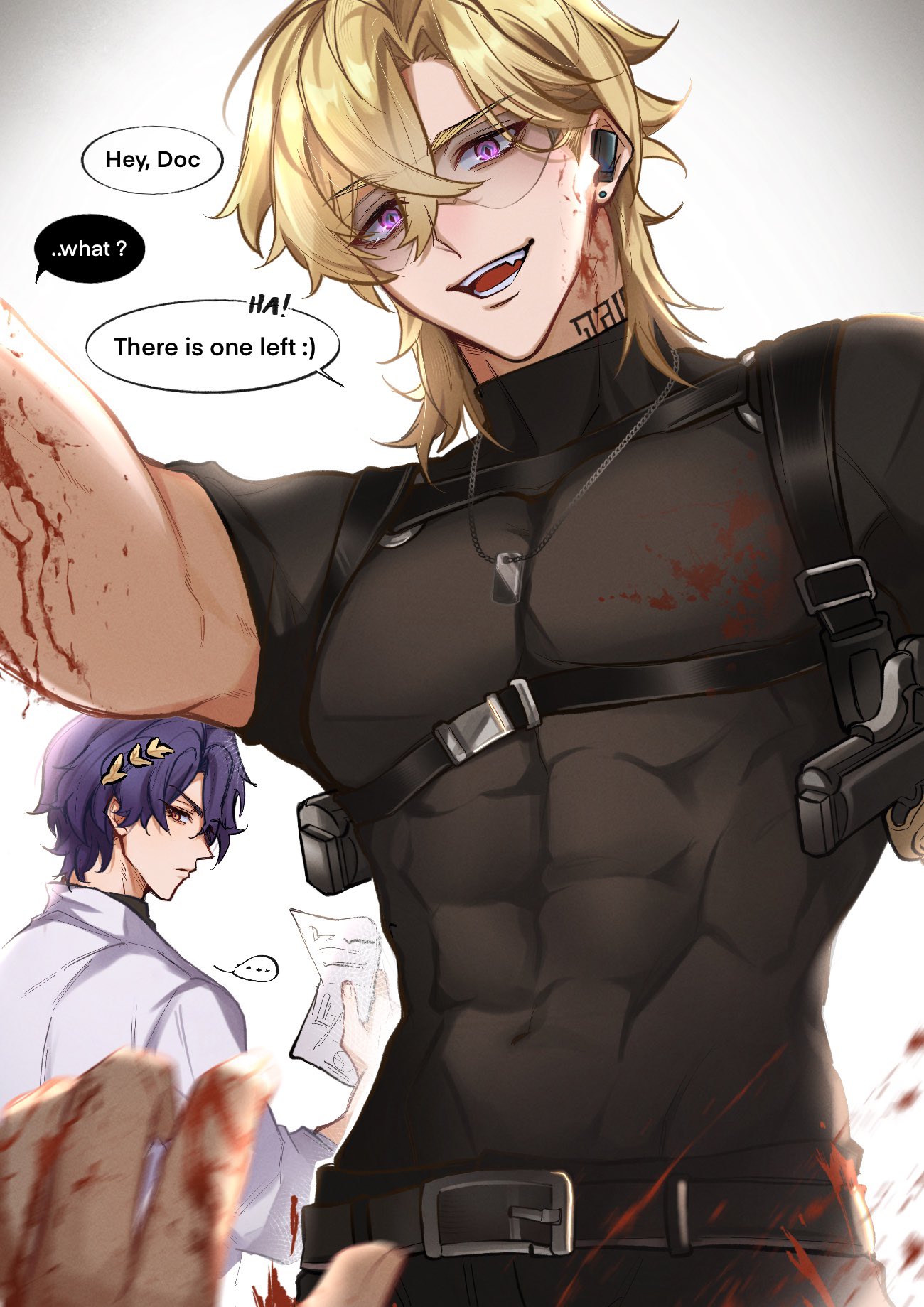 2boys abs aventurine_(honkai:_star_rail) belt belt_buckle black_shirt blonde_hair blood blood_on_clothes blood_on_face blue_hair buckle coat covered_navel dog_tags dr._ratio_(honkai:_star_rail) english_text hair_between_eyes highres holding holding_paper honkai:_star_rail honkai_(series) jewelry looking_at_viewer maiidkart multiple_boys necklace official_alternate_costume open_mouth paper red_eyes shirt short_hair simple_background speech_bubble t-shirt teeth violet_eyes white_coat