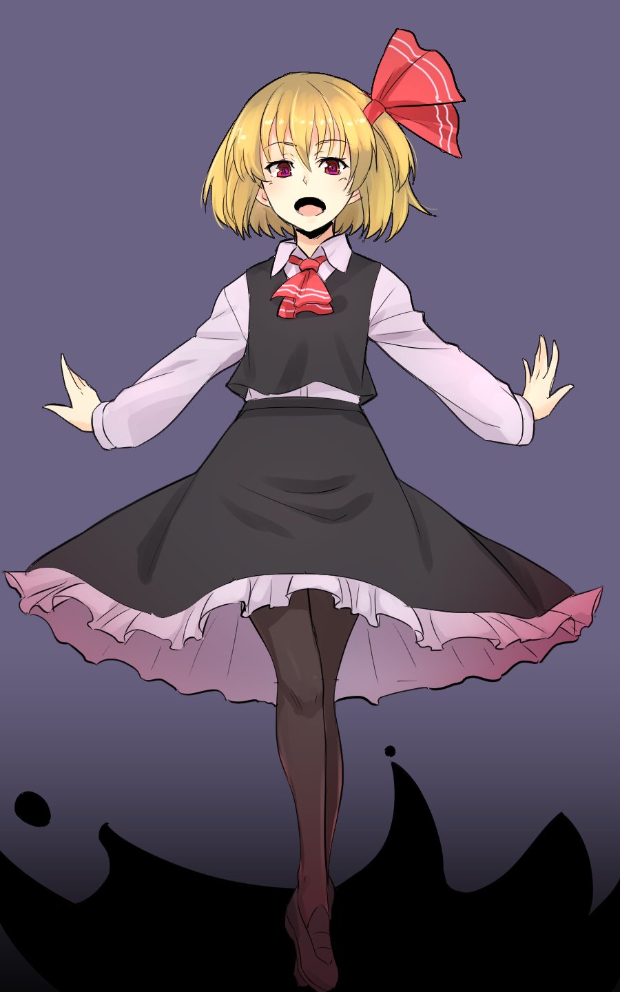 1girl ascot black_background black_skirt black_vest blonde_hair collared_shirt commentary contrapposto frilled_skirt frills full_body hair_ribbon highres kakone long_sleeves looking_at_viewer one-hour_drawing_challenge open_mouth outstretched_arms pantyhose red_ascot red_eyes red_ribbon ribbon rumia shirt short_hair simple_background skirt solo touhou vest white_shirt