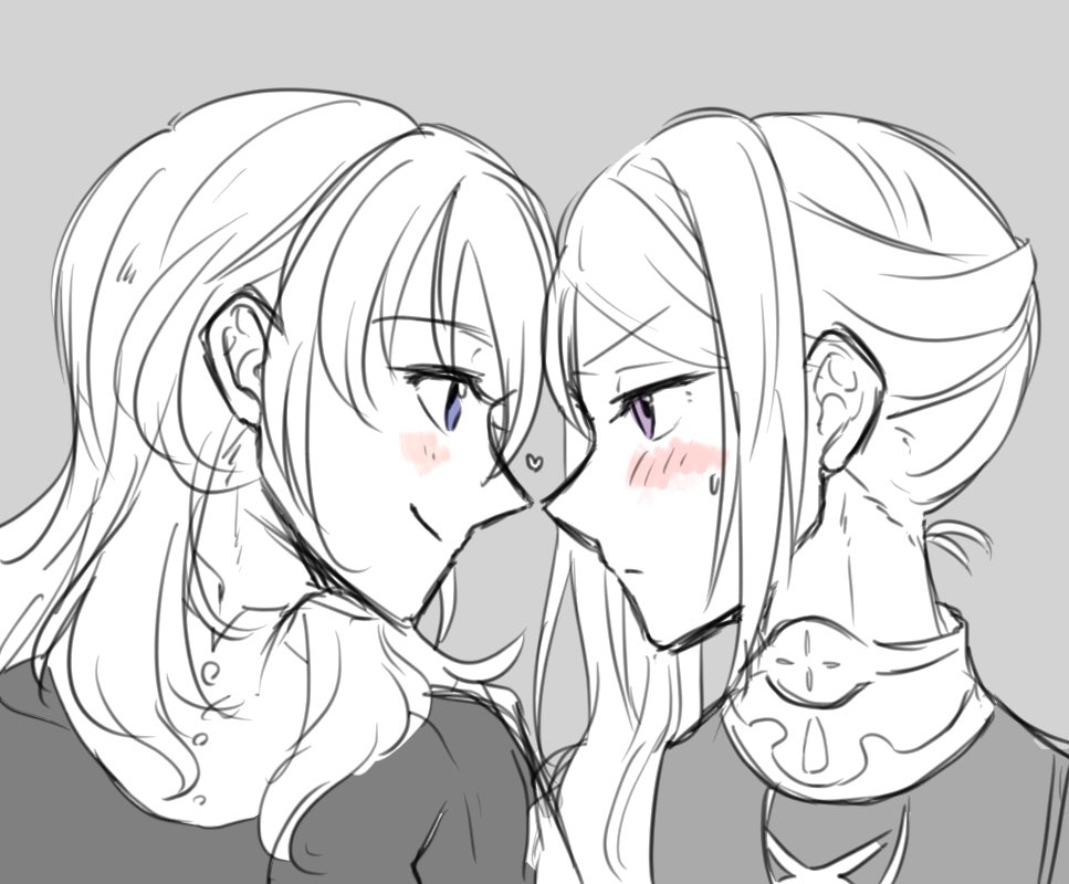 2girls blush byleth_(female)_(fire_emblem) byleth_(fire_emblem) closed_mouth commentary_request edelgard_von_hresvelg eye_contact fire_emblem fire_emblem:_three_houses forehead-to-forehead greyscale heads_together long_hair looking_at_another monochrome multiple_girls profile riromomo smile spot_color sweatdrop violet_eyes yuri