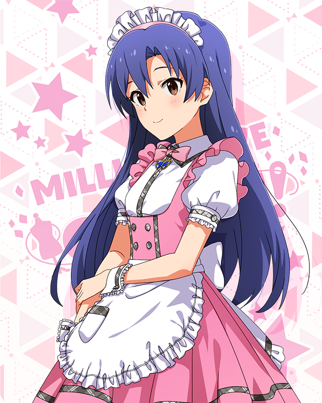 1girl apron blue_hair blush bow bowtie breasts brown_eyes butterfly_ornament dot_nose dress eyelashes frilled_apron frilled_skirt frills from_side hair_between_eyes hand_on_own_arm idolmaster idolmaster_(classic) idolmaster_million_live! idolmaster_million_live!_theater_days kisaragi_chihaya long_hair looking_afar maid_headdress official_alternate_costume official_art pink_bow pink_bowtie pink_dress pretty_waitress_(idolmaster) puffy_short_sleeves puffy_sleeves shirt short_sleeves sidelocks skirt small_breasts solo standing starry_background straight_hair thigh-highs upper_body waist_apron white_apron white_shirt white_thighhighs wrist_cuffs