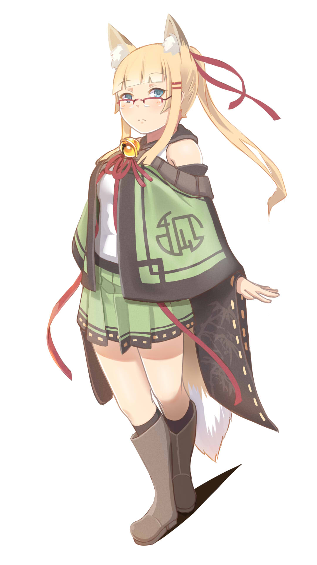 1girl animal_ear_fluff animal_ears bare_shoulders bell black_socks blonde_hair blue_eyes blush boots breasts closed_mouth commentary_request fox_ears fox_girl fox_tail full_body glasses green_skirt grey_footwear hair_ornament hair_ribbon hairclip highres jingle_bell knee_boots kneehighs kuro_kosyou long_hair medium_breasts neck_bell neck_ribbon original over-kneehighs pleated_skirt ponytail red-framed_eyewear red_ribbon ribbon ribbon-trimmed_skirt ribbon-trimmed_sleeves ribbon_trim shadow sidelocks simple_background skirt socks solo standing tail thigh-highs white_background