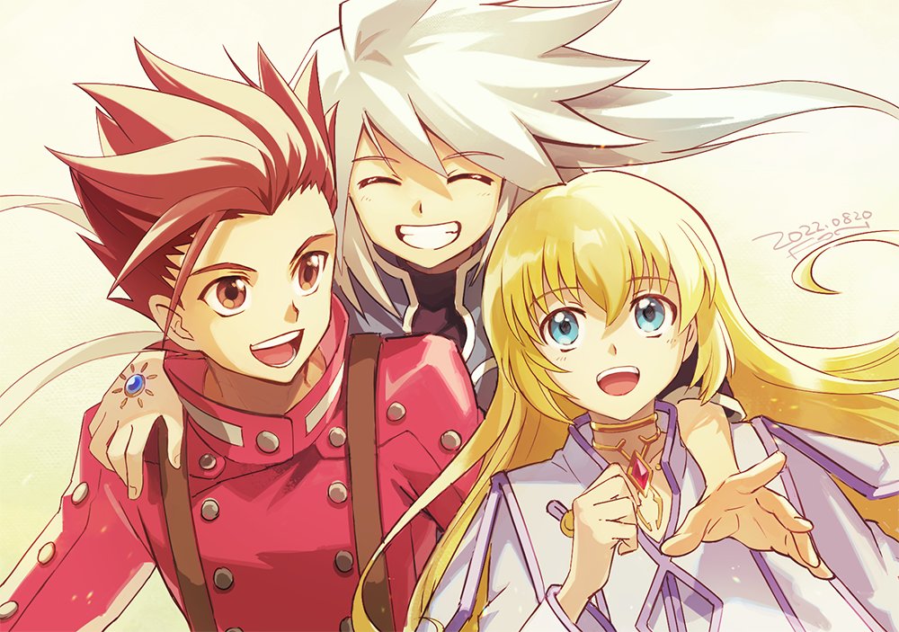 1girl 2boys arm_around_shoulder blonde_hair blue_eyes brown_hair closed_eyes colette_brunel commentary dated fon-due_(fonfon) genis_sage grey_hair grin happy jacket lloyd_irving long_hair multiple_boys open_mouth red_jacket short_hair signature smile spiky_hair suspenders symbol-only_commentary tales_of_(series) tales_of_symphonia upper_body very_long_hair white_background