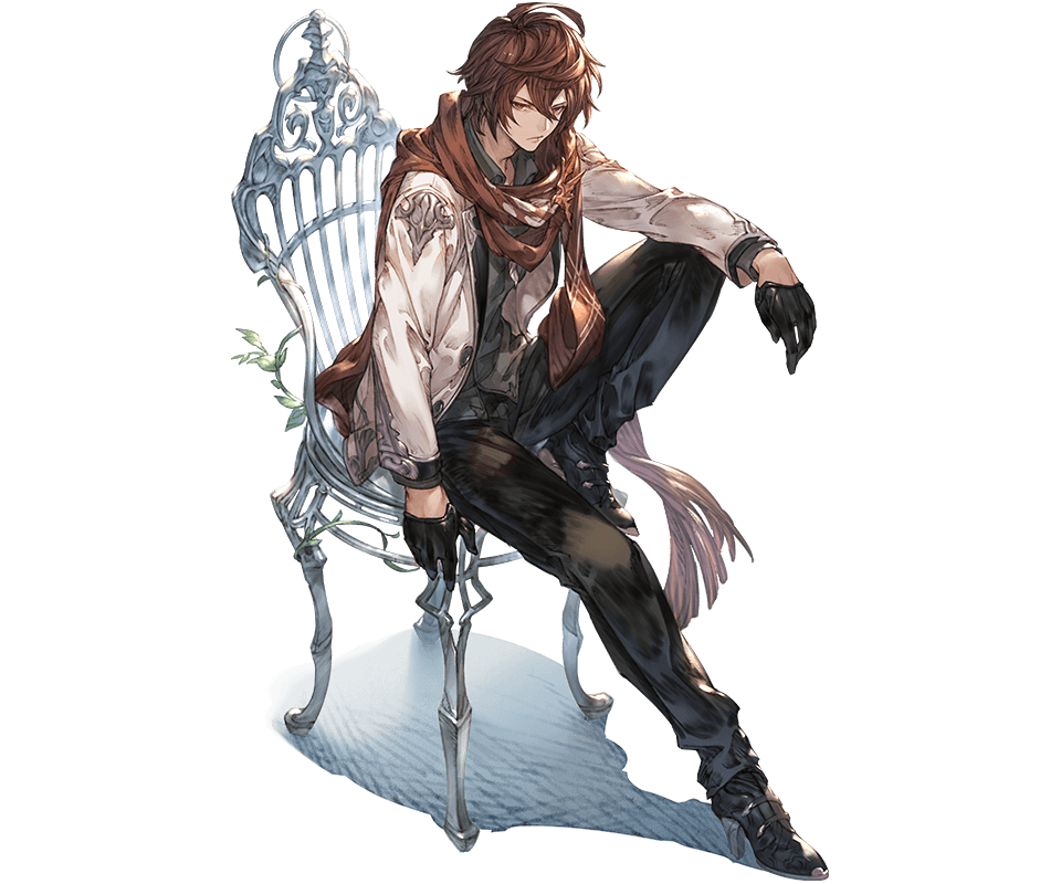 1boy ahoge annoyed arm_on_knee bishounen black_gloves black_shirt boots brown_hair brown_scarf buttons chair downscaled dress_shirt floating_scarf full_body gloves granblue_fantasy hair_between_eyes high_heel_boots high_heels jacket knee_up light_frown looking_to_the_side minaba_hideo official_alternate_costume official_art on_chair open_clothes open_jacket plant red_eyes resized sandalphon_(granblue_fantasy) scarf shadow shirt tachi-e transparent_background vines white_jacket