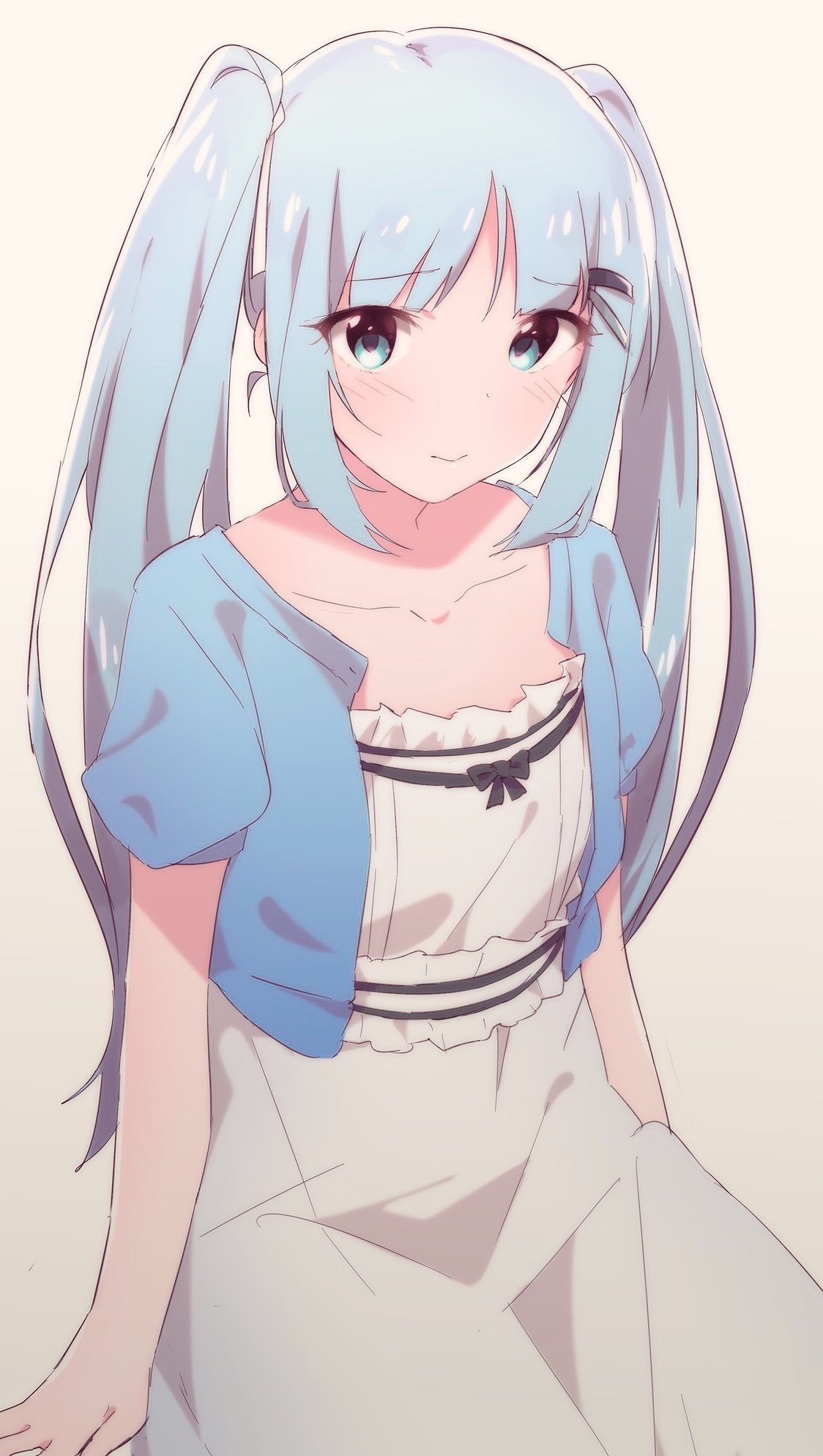 1girl alternate_hairstyle black_bow blue_eyes blue_hair blue_jacket blush bow breasts closed_mouth collarbone dot_nose dress hair_ornament hair_tie hairclip highres idolmaster idolmaster_million_live! idolmaster_million_live!_theater_days jacket light_blue_hair long_hair looking_at_viewer low-tied_long_hair medium_breasts norada open_clothes open_jacket shiraishi_tsumugi short_sleeves shy simple_background sitting solo twintails very_long_hair white_background white_dress
