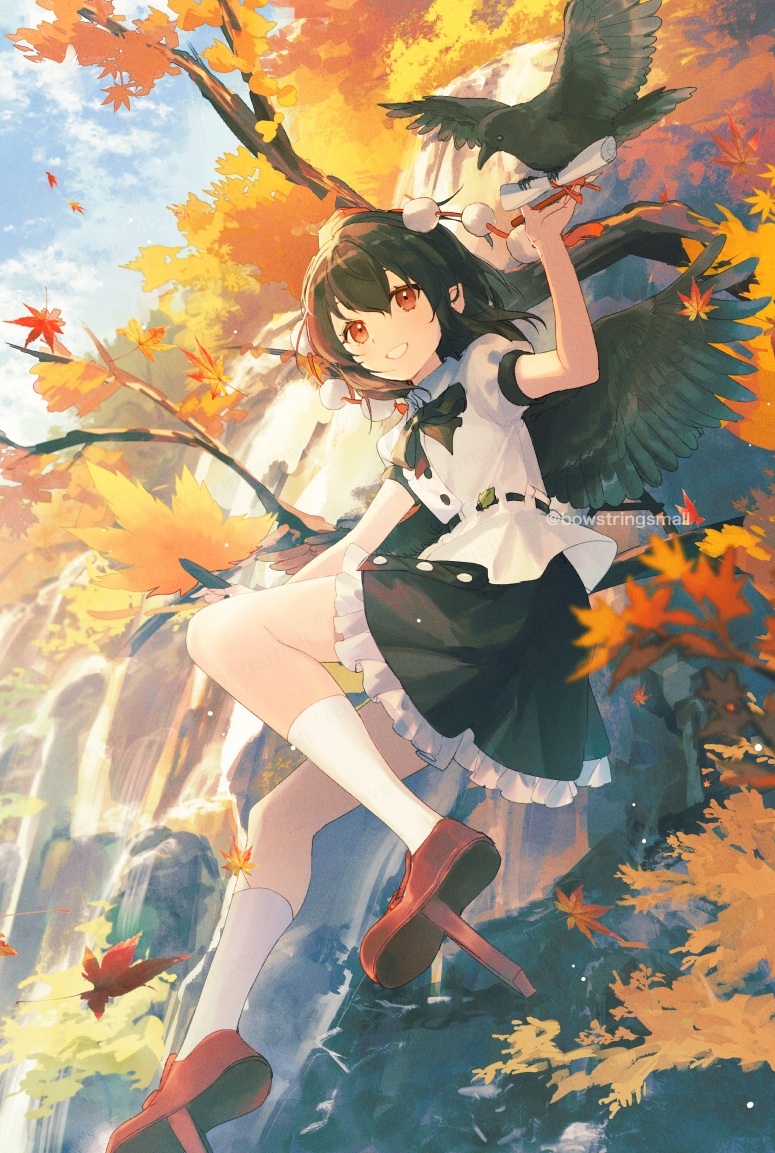 1girl artist_name autumn autumn_leaves bird bird_wings black_bow black_bowtie black_hair black_skirt black_wings blue_sky bow bowtie clouds commentary_request crow frilled_skirt frills full_body geta grin hat looking_at_viewer medium_hair oito_(bowstringsmall) outdoors pom_pom_(clothes) red_eyes red_footwear shameimaru_aya shirt short_sleeves skirt sky smile socks solo tengu-geta tokin_hat touhou water waterfall white_shirt white_socks wings