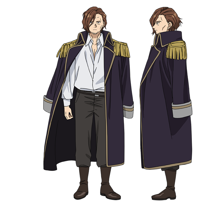 1boy black_coat black_pants boots brown_footwear brown_hair coat coat_on_shoulders epaulettes expressionless from_side full_body granat_(sousou_no_frieren) long_sleeves male_focus official_art open_clothes open_coat pants profile reference_sheet shirt sousou_no_frieren straight-on transparent_background white_shirt
