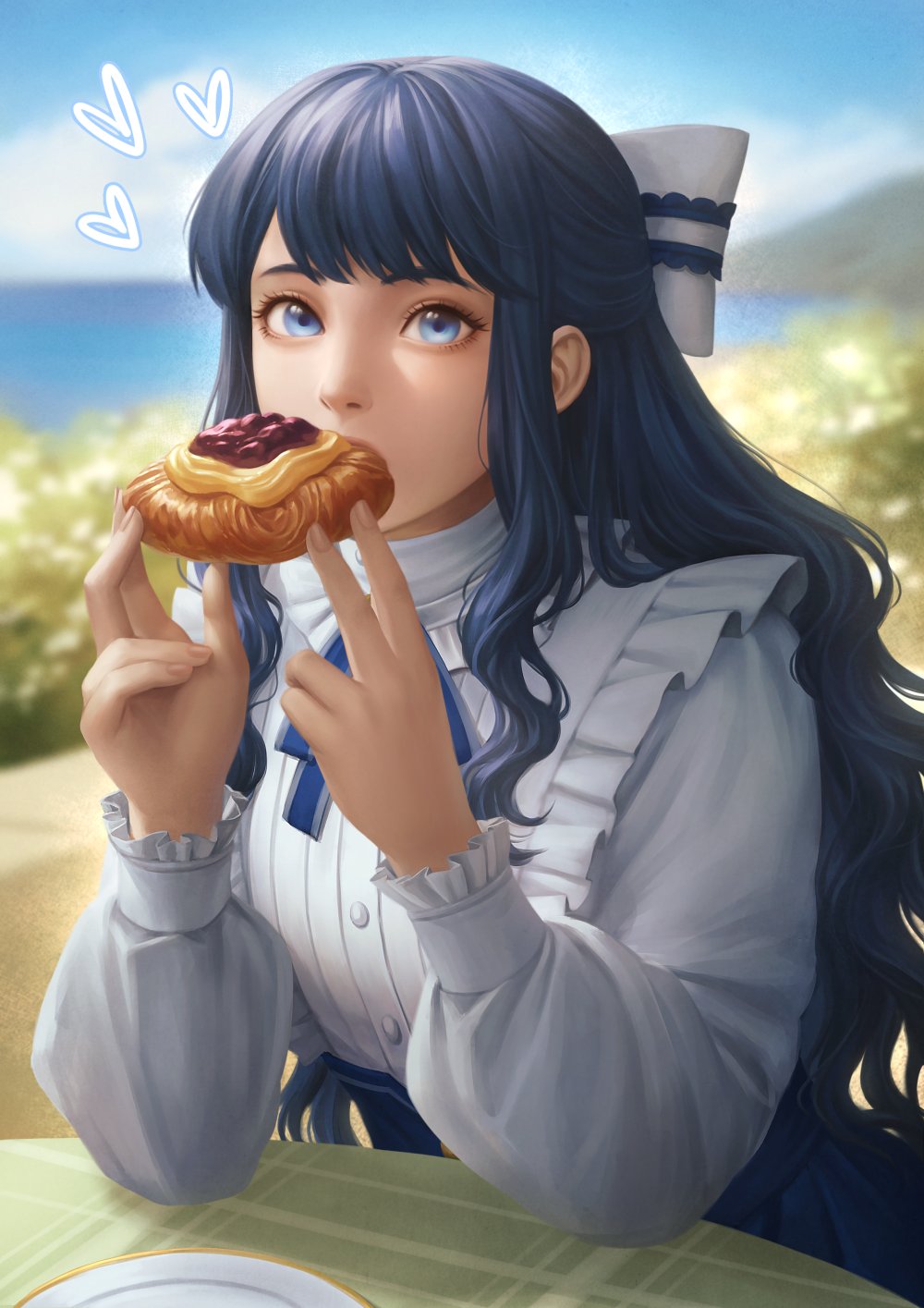 1girl blue_eyes blue_hair blurry blurry_background bow clouds cloudy_sky commentary eating english_commentary final_fantasy final_fantasy_xiv food frills hair_bow heart highres holding holding_food long_hair long_sleeves looking_at_viewer outdoors plate puffy_sleeves sitting sky solo table warrior_of_light_(ff14) wavy_hair winterleigh wynteria_lei