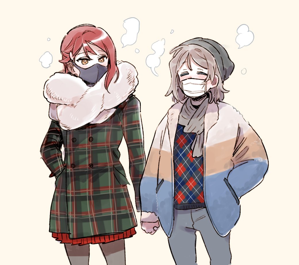2girls argyle_clothes argyle_sweater beanie black_hat blue_jacket blush breath brown_eyes brown_jacket buttons coat commentary_request cowboy_shot double-breasted green_jacket grey_hair grey_pants hand_in_pocket hat holding_hands jacket korean_commentary long_hair long_sleeves love_live! love_live!_sunshine!! mask medium_hair mouth_mask multicolored_clothes multicolored_jacket multiple_girls open_clothes open_jacket pants pito_(sh02327) plaid plaid_coat red_skirt redhead sakurauchi_riko scarf simple_background skirt surgical_mask sweater watanabe_you white_jacket white_scarf winter_clothes yellow_background