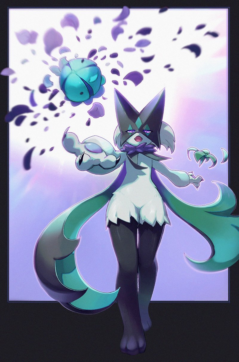 alternate_color black_mask claws fang flaw_eight flower full_body green_scarf hand_up highres meowscarada open_mouth petals pokemon pokemon_(creature) purple_flower scarf shiny_pokemon standing violet_eyes