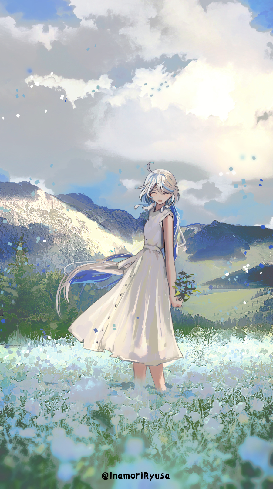 1girl ^_^ ahoge blue_hair closed_eyes commentary dress facing_viewer falling_petals field floating_hair flower flower_field furina_(genshin_impact) genshin_impact highres inaeda_kei mountain mountainous_horizon multicolored_hair outdoors petals see-through_silhouette solo streaked_hair twitter_username white_dress white_hair