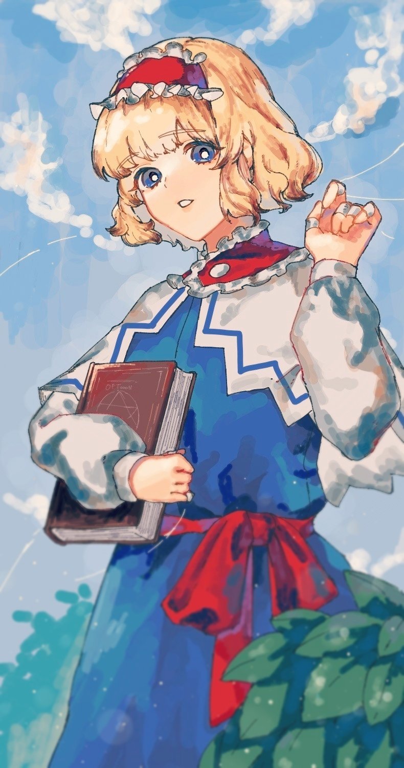 1girl alice_margatroid blonde_hair blue_dress blue_eyes blurry book bright_pupils clouds day depth_of_field dress frilled_hairband frills grimoire hairband hand_up hexagram highres holding holding_book jewelry leaf looking_at_viewer oftooon outdoors parted_lips puppet_rings ring short_hair sky solo standing touhou white_pupils