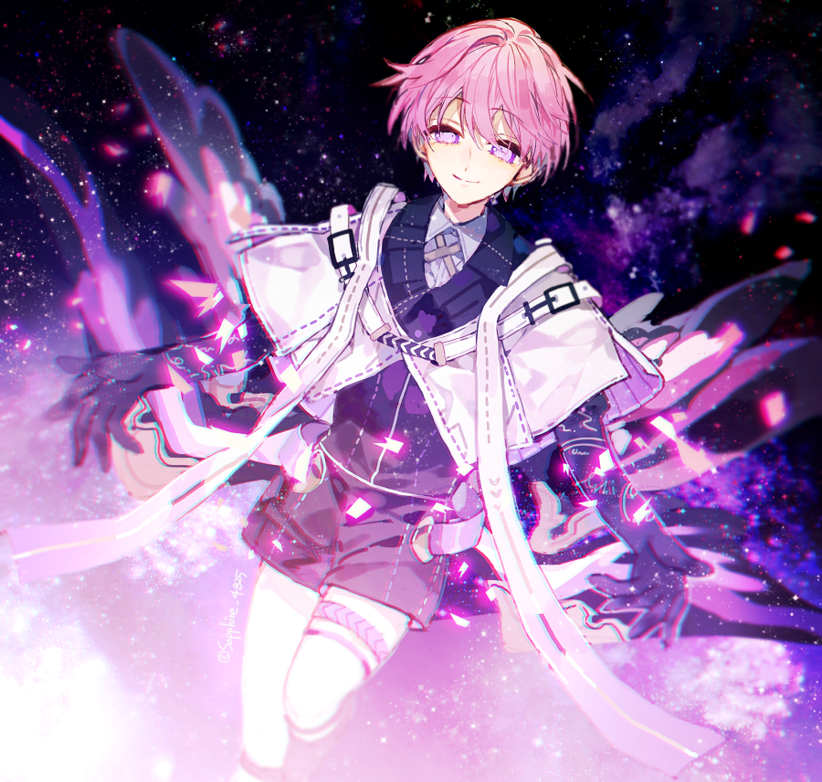1boy black_gloves black_shorts black_vest black_wings capelet closed_mouth cowboy_shot finnick_(forever_7th_capital) forever_7th_capital galaxy gloves looking_at_viewer pink_hair sapphire_(nine) shorts smile socks solo vest violet_eyes white_capelet white_socks wings