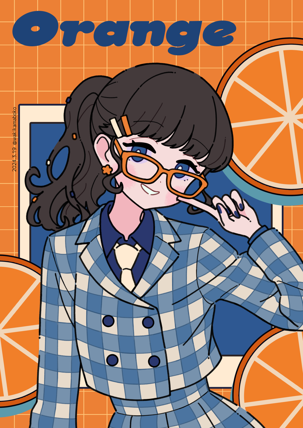 1girl black_hair blue_background blue_eyes blue_nails blue_shirt blush_stickers collared_shirt commentary dated earrings flower_earrings food fruit glasses hair_ornament hairclip hand_up highres jacket jewelry long_hair long_sleeves looking_at_viewer nail_polish necktie neki_(wakiko) orange-framed_eyewear orange_(fruit) orange_background orange_slice original plaid plaid_jacket plaid_skirt pleated_skirt ponytail revision shirt skirt smile solo twitter_username white_necktie