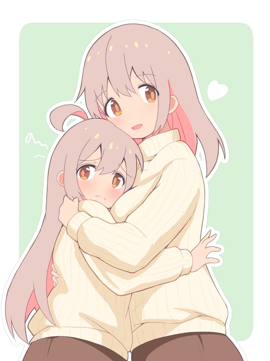 2girls :d ahoge blush border breasts brown_eyes brown_skirt colored_inner_hair commentary frown green_background grey_hair hair_between_eyes heart highres hug large_breasts long_hair long_sleeves looking_at_viewer matching_outfits mother_and_daughter multicolored_hair multiple_girls onii-chan_wa_oshimai! open_mouth outline outside_border oyama_mahiro oyama_matsuri pink_hair ribbed_sweater simple_background skirt smile squiggle sweater turtleneck turtleneck_sweater two-tone_hair unkimo white_border white_outline yellow_sweater