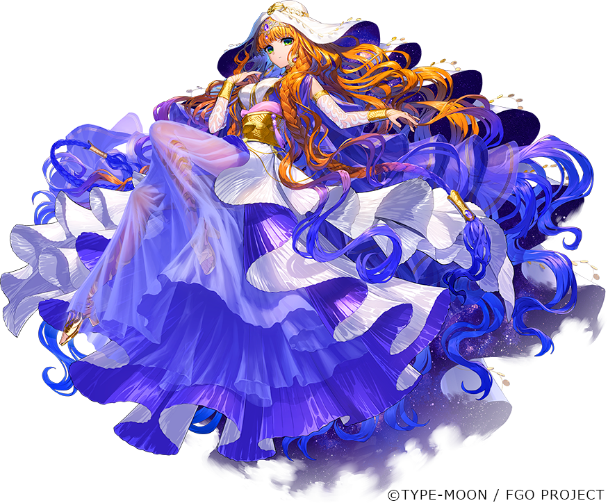 1girl braid breasts crown detached_sleeves fate/grand_order fate_(series) green_eyes hand_on_own_chest haydee_(fate) high_heels large_breasts long_hair multicolored_hair official_art orange_hair routo solo starry_background violet_eyes white_headdress