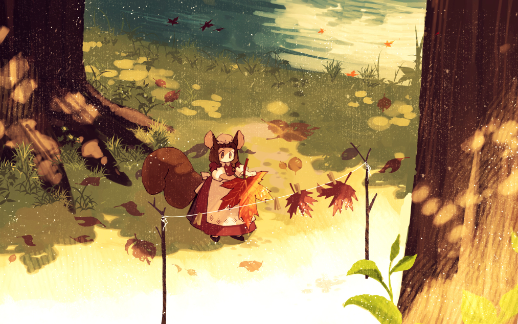 1girl animal_ears autumn_leaves back_bow bow brown_hair clothes_pin clothesline commentary_request dappled_sunlight day dress grass hat hinata_(echoloveloli) holding holding_leaf leaf long_hair nature original outdoors plant red_dress scenery shoes solo squirrel_ears squirrel_tail standing string sunlight tail tree twig water wide_shot