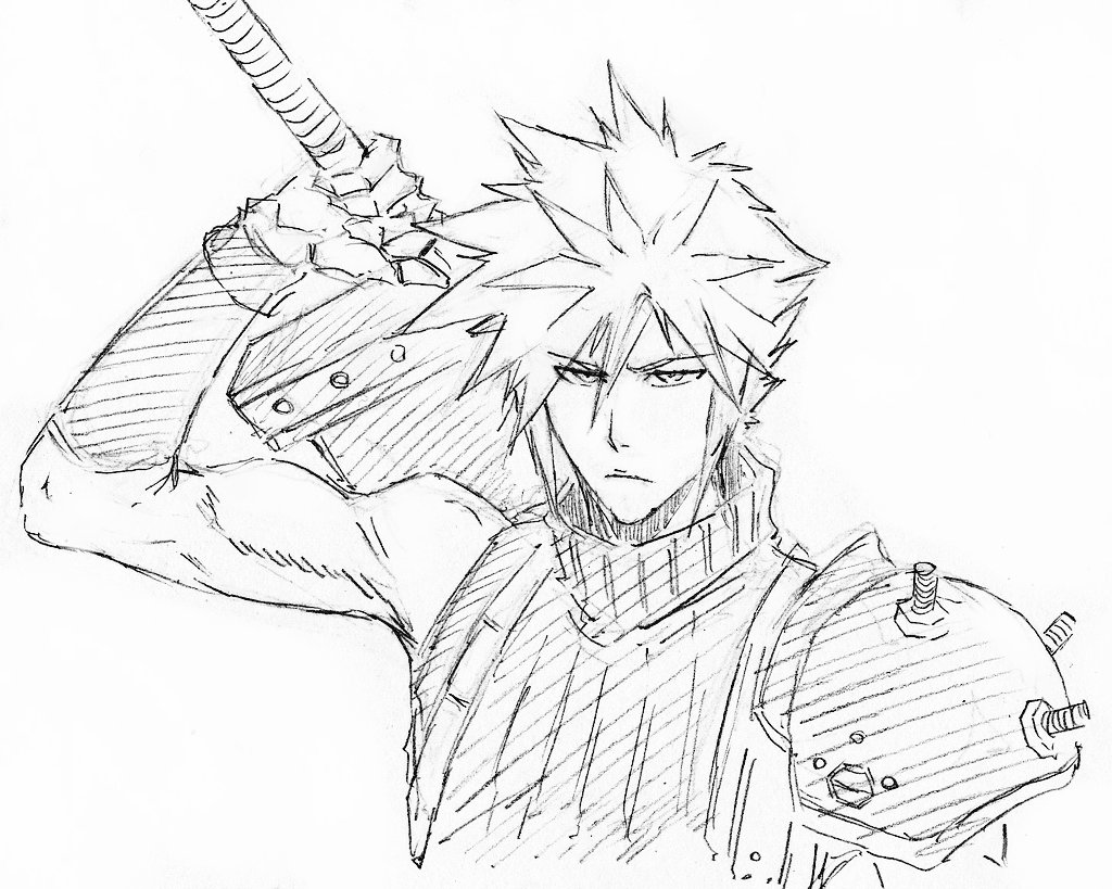 1boy arm_up closed_mouth cloud_strife final_fantasy final_fantasy_vii hair_between_eyes holding holding_sword holding_weapon kubo_tite_(style) looking_at_viewer monochrome muscular muscular_male nose parody rakusakugk serious short_hair simple_background sketch solo spiky_hair style_parody sword tsurime upper_body v-shaped_eyebrows weapon white_background