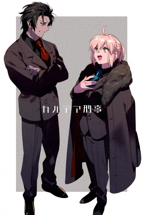 1boy 1girl ahoge alternate_costume black_footwear black_hair black_jacket black_pants black_shirt black_suit blonde_hair blue_necktie collared_shirt commentary_request crossed_arms echo_(circa) fate/grand_order fate_(series) formal fur-trimmed_jacket fur_trim green_eyes height_difference hijikata_toshizou_(fate) jacket jacket_on_shoulders long_sleeves looking_at_another necktie okita_souji_(fate) open_mouth pants red_necktie shirt shoes short_hair smile suit translation_request