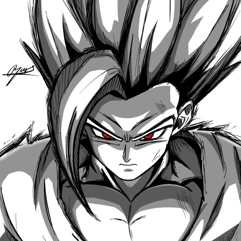 1boy closed_mouth dougi dragon_ball dragon_ball_super dragon_ball_super_super_hero gohan_beast large_pectorals long_bangs looking_at_viewer male_focus muscular muscular_male partially_colored pectorals red_eyes ryu160303 signature solo son_gohan spiky_hair upper_body v-shaped_eyebrows white_background