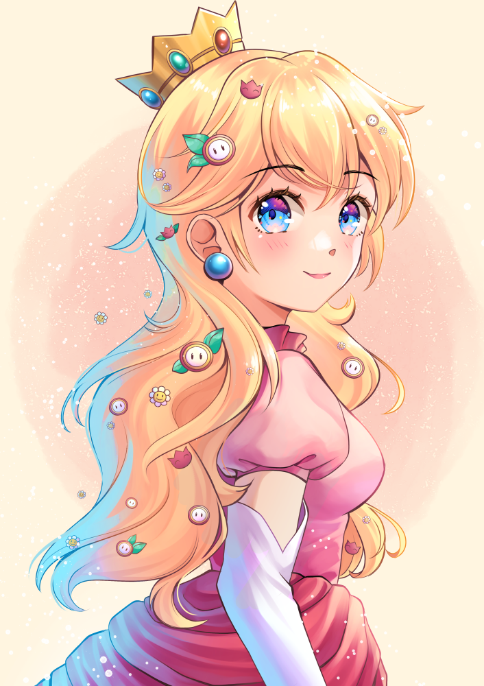 1girl blonde_hair blue_eyes blush breasts closed_mouth crown dress earrings elbow_gloves fire_flower flipped_hair from_side gloves jewelry long_hair looking_at_viewer medium_breasts mia_mikhail nintendo pink_dress princess_peach puffy_short_sleeves puffy_sleeves short_sleeves smile solo sphere_earrings split_mouth super_mario_bros. upper_body white_gloves