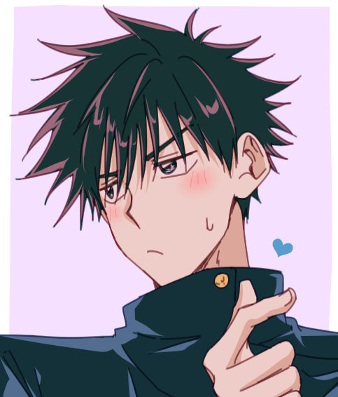 1boy bad_id bad_twitter_id black_hair black_jacket blush buttons close-up closed_mouth commentary fushiguro_megumi hair_between_eyes heart heart_hands high_collar jacket jujutsu_kaisen looking_to_the_side male_focus nackseojang short_hair simple_background solo spiky_hair sweatdrop symbol-only_commentary upper_body