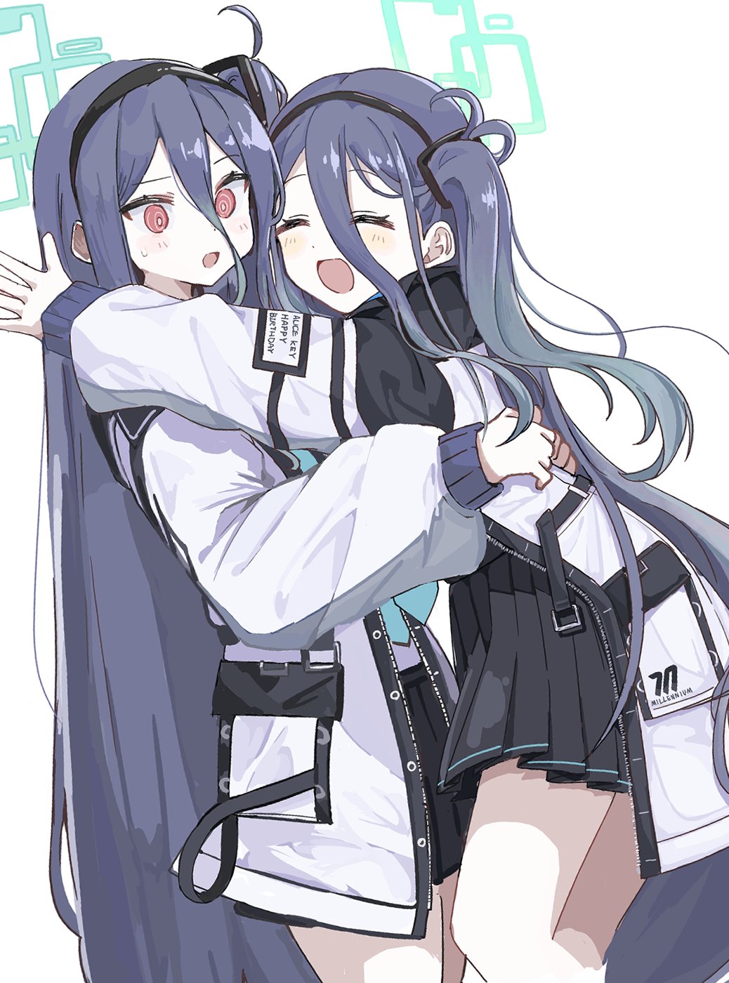 &lt;key&gt;_(blue_archive) 2girls absurdly_long_hair aris_(blue_archive) black_hair black_hairband black_skirt blue_archive blue_necktie blush closed_eyes green_halo hairband halo highres jacket long_hair long_sleeves multiple_girls necktie nifuji one_side_up open_mouth pleated_skirt red_eyes simple_background skirt smile very_long_hair white_background white_jacket